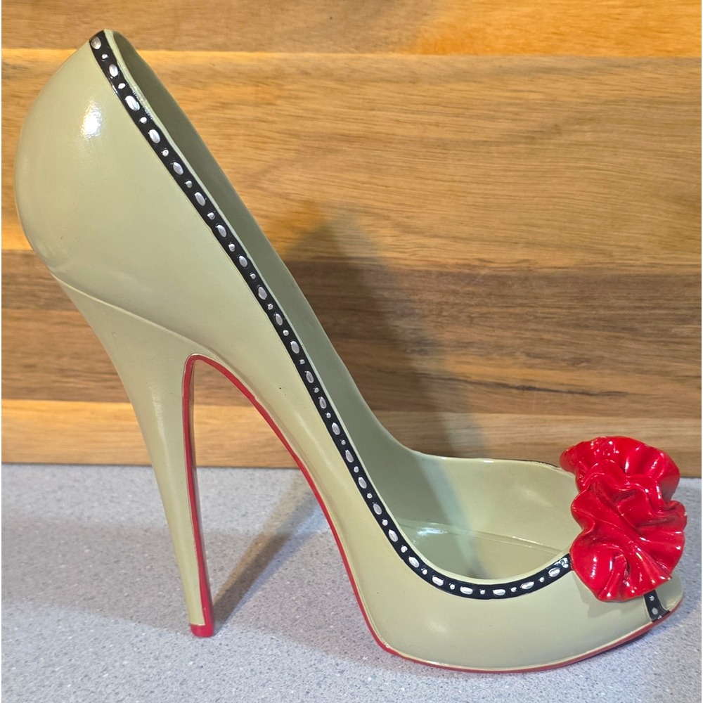 Ceramic High Heel Shoe Wine Bottle Holder, Tan And Red, Glossy 3D